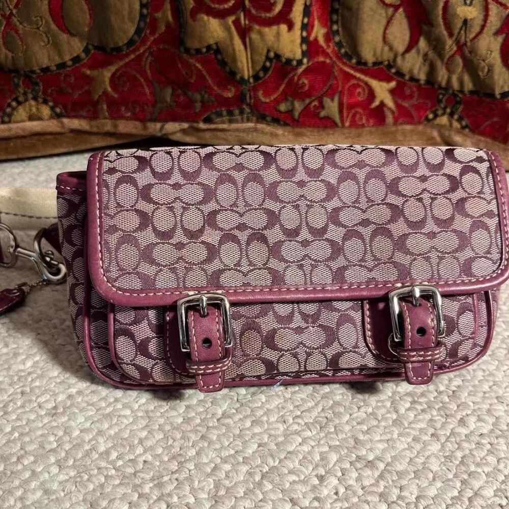 Original 2000s Coach Purple Leather Monogram Double Buckle Waist Mini Purse!